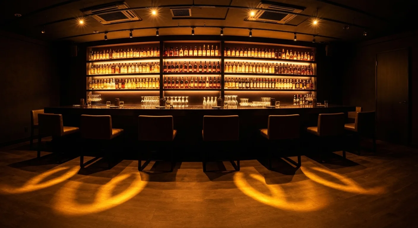 BAR AOTETSUの店内、漆黒のローカウンターとアンバー色に輝くボトル棚