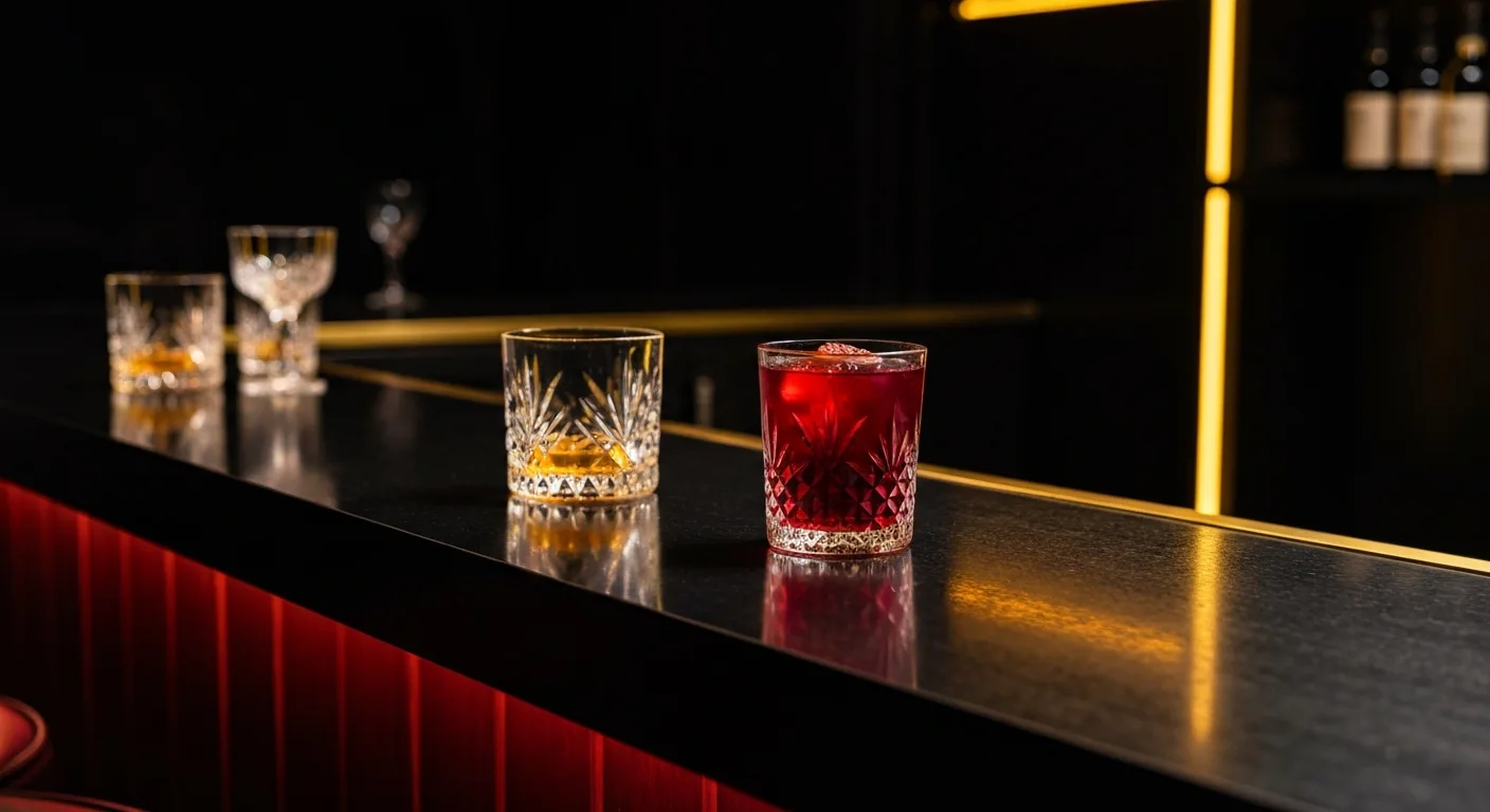 吉祥寺の隠れ家バー・BAR AOTETSUの漆黒のカウンターと琥珀のグラス