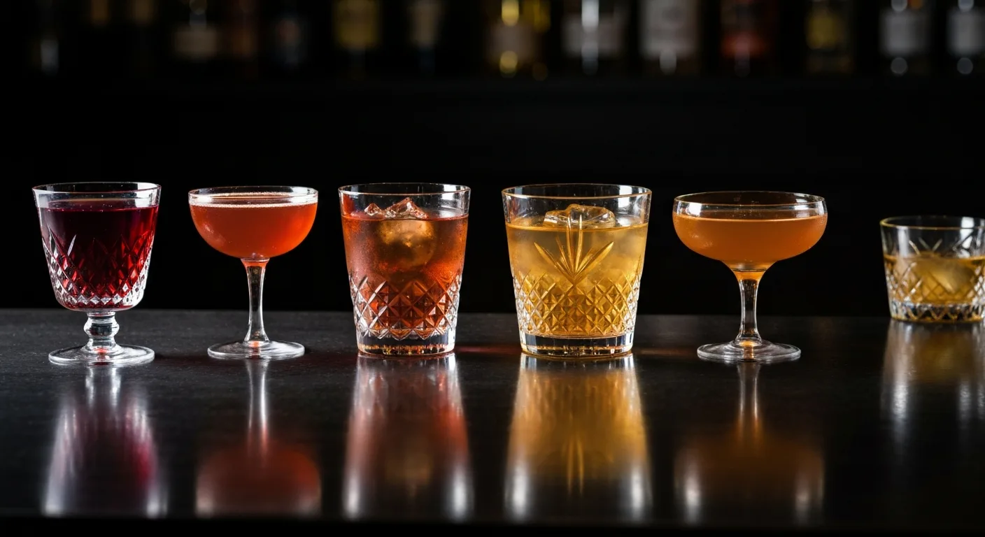 BAR AOTETSUの5種のカクテルグラス、輝くクリスタルの列
