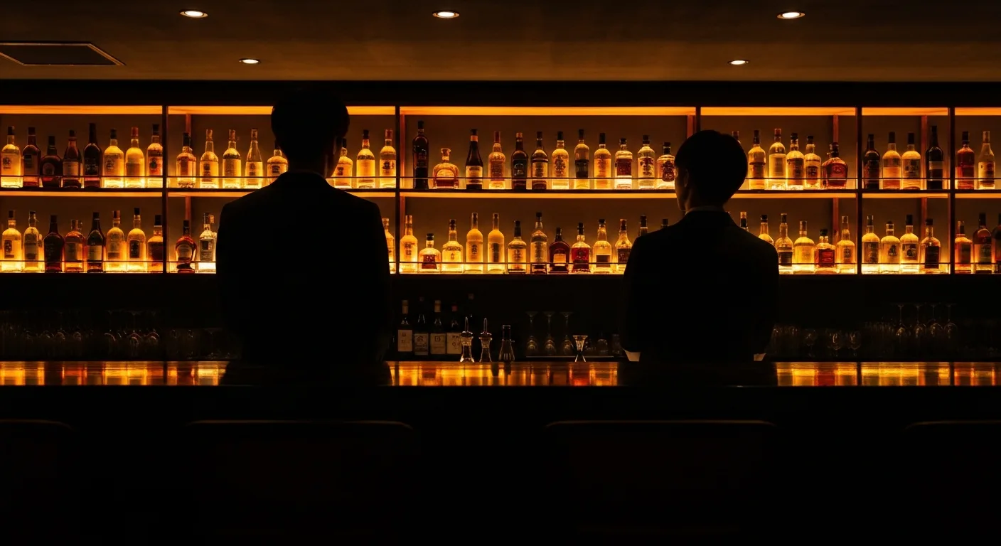 BAR AOTETSUのバーテンダーシルエット、ローカウンターと輝くボトル棚